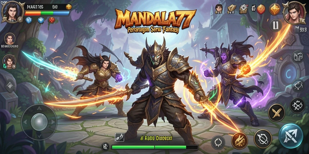 Tangkapan layar gameplay MANDALA77 yang menunjukkan pertarungan seru antar karakter.