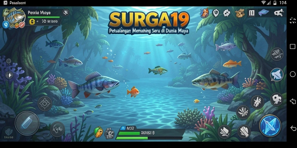 Screenshot utama SURGA19 yang menunjukkan gameplay memancing yang mendebarkan.